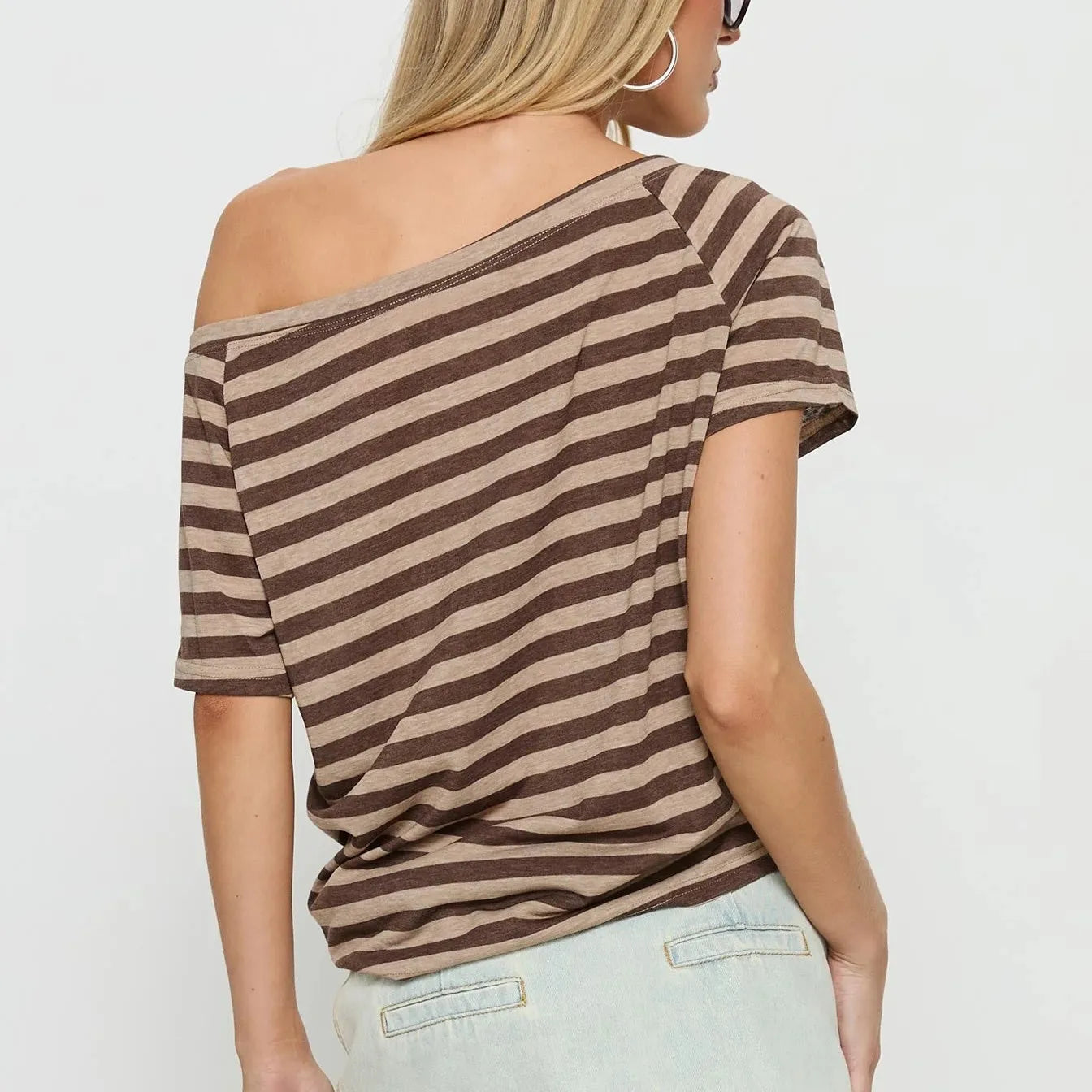 Womens Solid Striped Off One Shoulder Short Sleeve T Shirt Y2k Cute Sweet Fairy Vintage Aesthetic Preppy Summer Casual Tee Tops