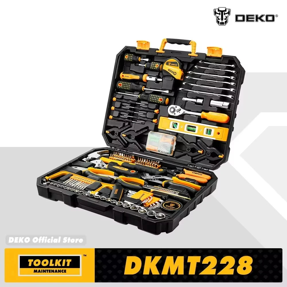 DEKO 228Pieces Socket Wrench Auto Repair Tool Combination Package Mixed Tool Set Hand Tool Kit with Plastic Toolbox Storage Case