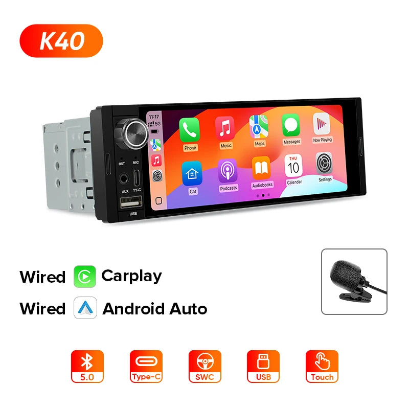 AINAVI Wireless Carplay Android Auto Universal Car Radio 1 Din HD IPS Touch Screen Car Multimedia Rear Camera MIC USB Type C 1280*720 Full In-Cell 1DIN Car Stereo BT 5.0