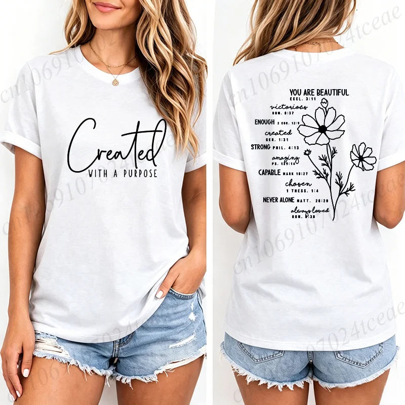 Fashion Women T Shirts Created with A Purpose Print Short Sleeve T-Shirt Faith Aesthetic Tee T-Shirts Inspirational Shirts Tops