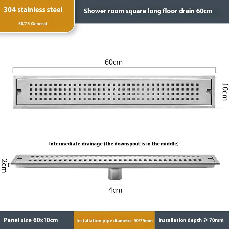 20-60cm Acier Inoxydable Carré Long Drain de Plancher Salle de Bain Égout Rectangulaire Drain de Plancher Grand Débit Drainage de Salle de Bain