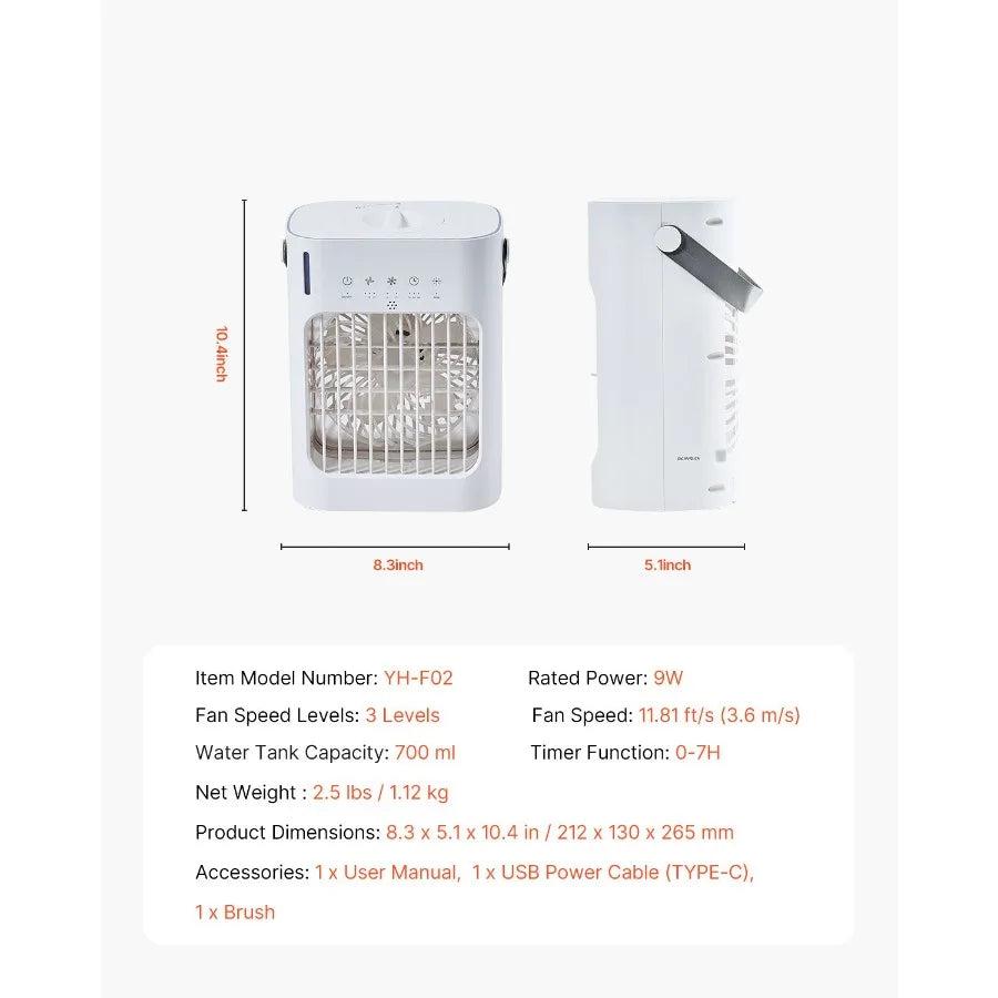 Portable Air Conditioner, 4-in-1 Evaporative Air Cooler, 3-Speed Mini Air Conditioner with 0-7H Smart Timer, 700ml Water Tank,