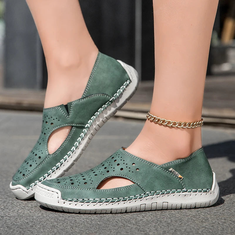 Unisex Sandals Hand Sewn Leather Hollow Out Outdoor Casual Shoes Comfortable Soft Summer Fashion Street Walking Shoes Women