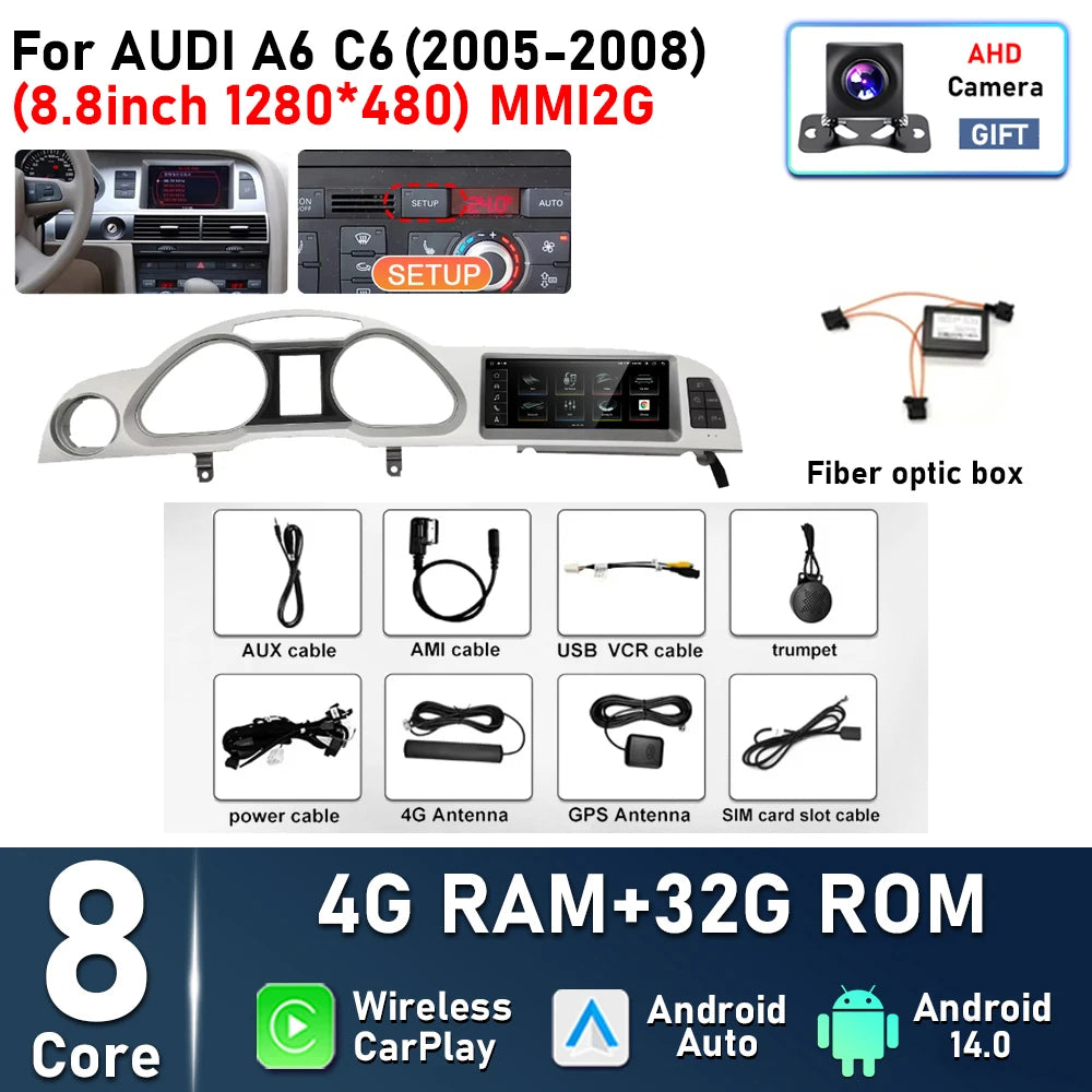 8.8inch Android 14 For Audi A6 C6 2005 - 2008 MMI 2G 2009 - 2011 MMI3G Car Radio Multimedia Player Navigation GPS Stereo CarPlay