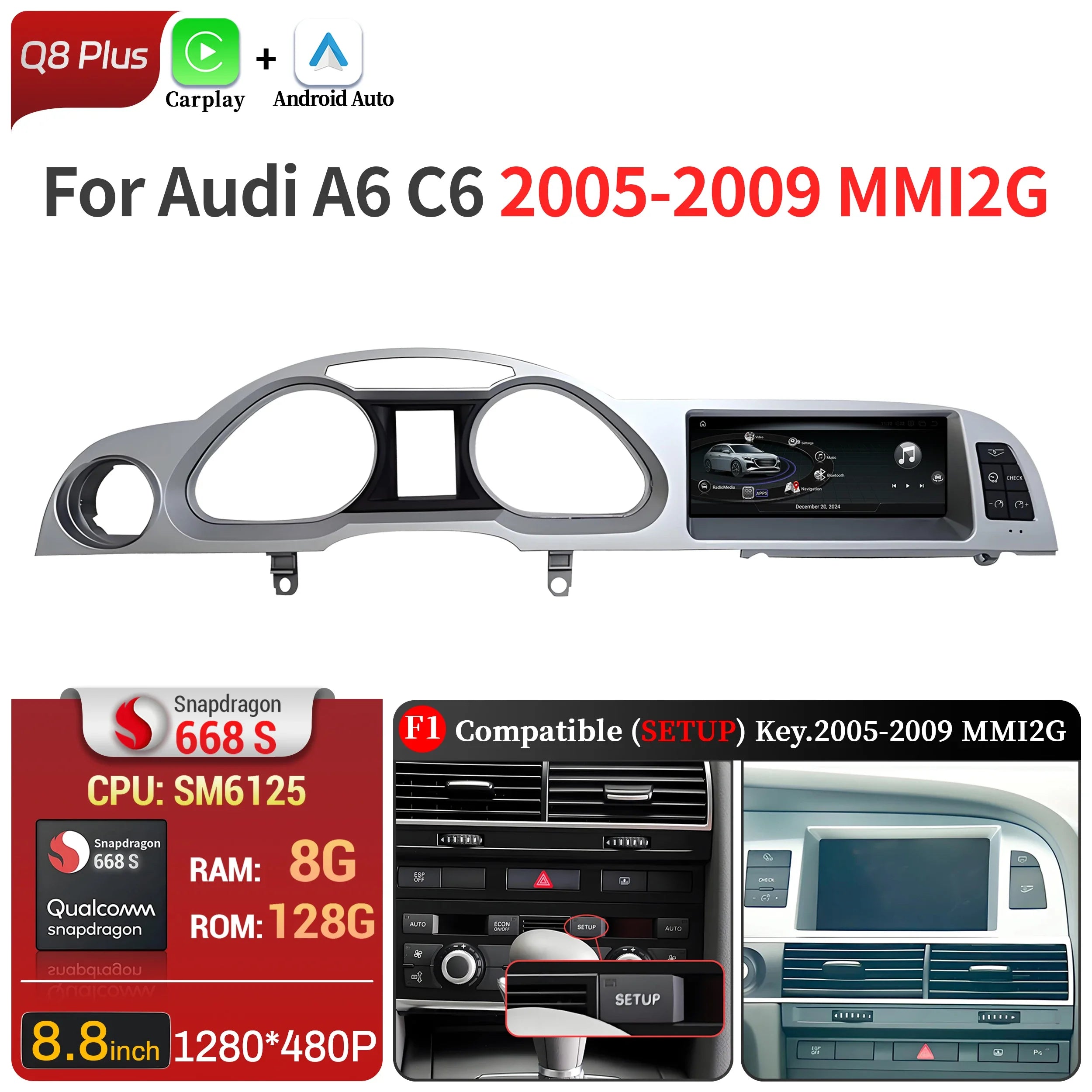 8.8 inch Left Hand Drive Android 14 For Audi A6 C6 2005-2011 Car Radio Wireless BT Carplay Qualcomm Snapdragon 680 Touch Screen