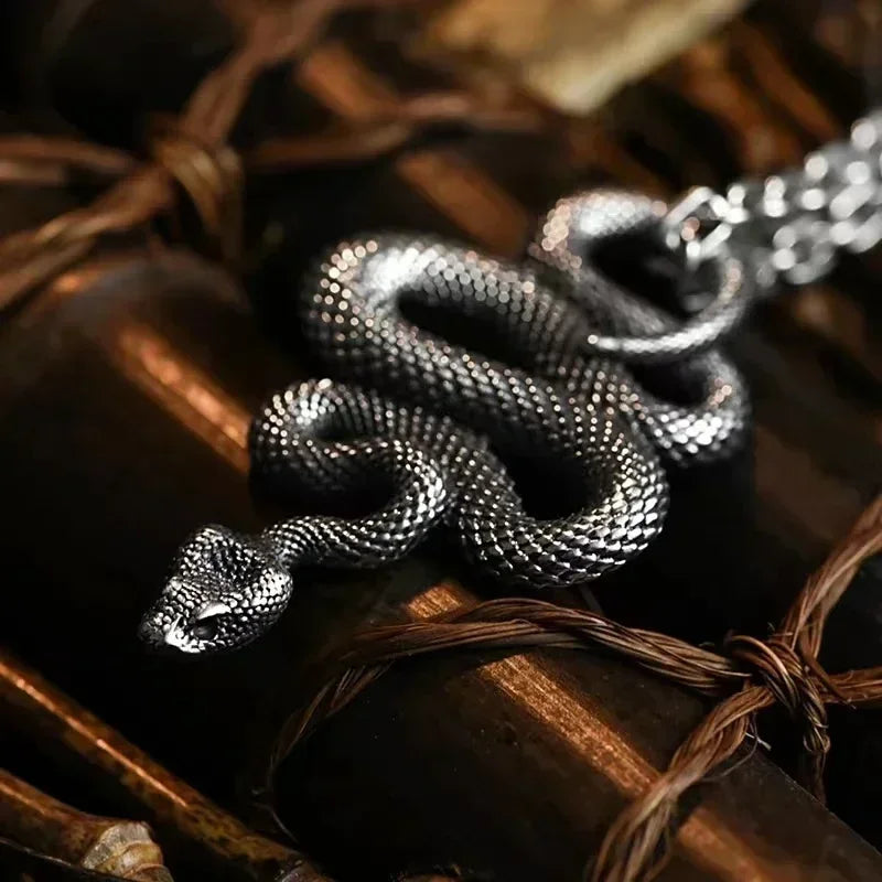 Vintage Gothic Snake Coiled Demon Skull Pendant Necklace for Men Boys Rock Party Halloween Jewelry Gift