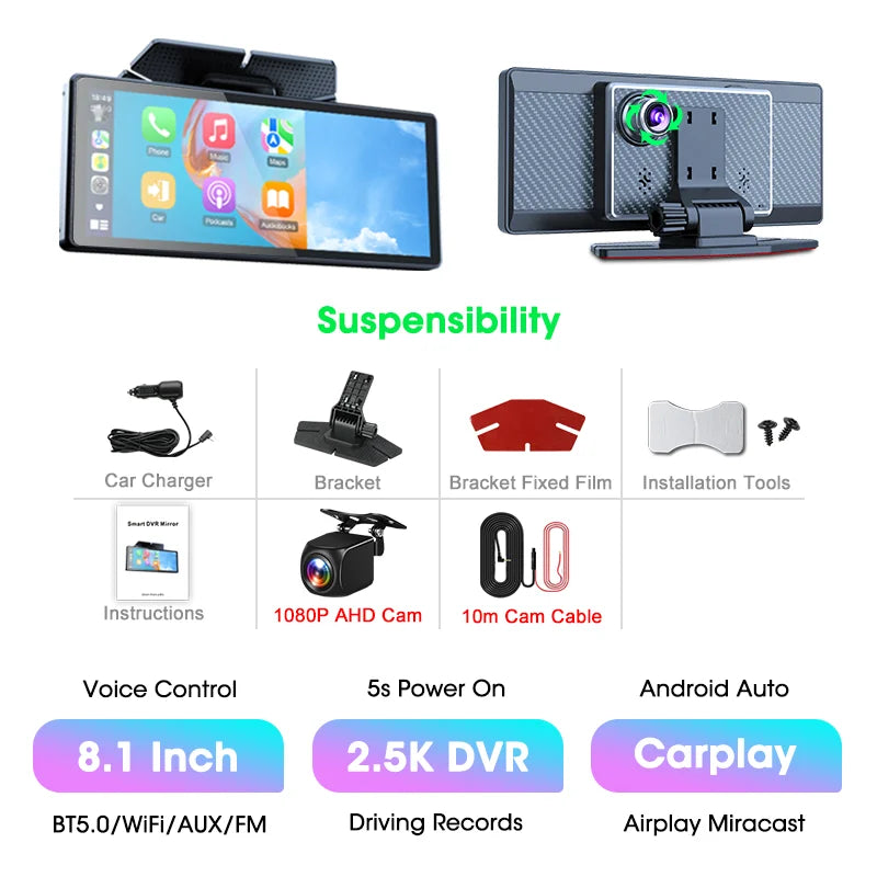 Janstie Dash Cam 4K+1080P Carplay Android Auto GPS Navigation 7/8.1 inch IPS Screen Car DVR IR Night Vision 24H Parking Monitor