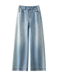 Floral Embroidered Wide Leg Jeans Women High Waist Rose Pattern Rhinestone Denim Pants Light Blue Loose Fit Cotton Stretch