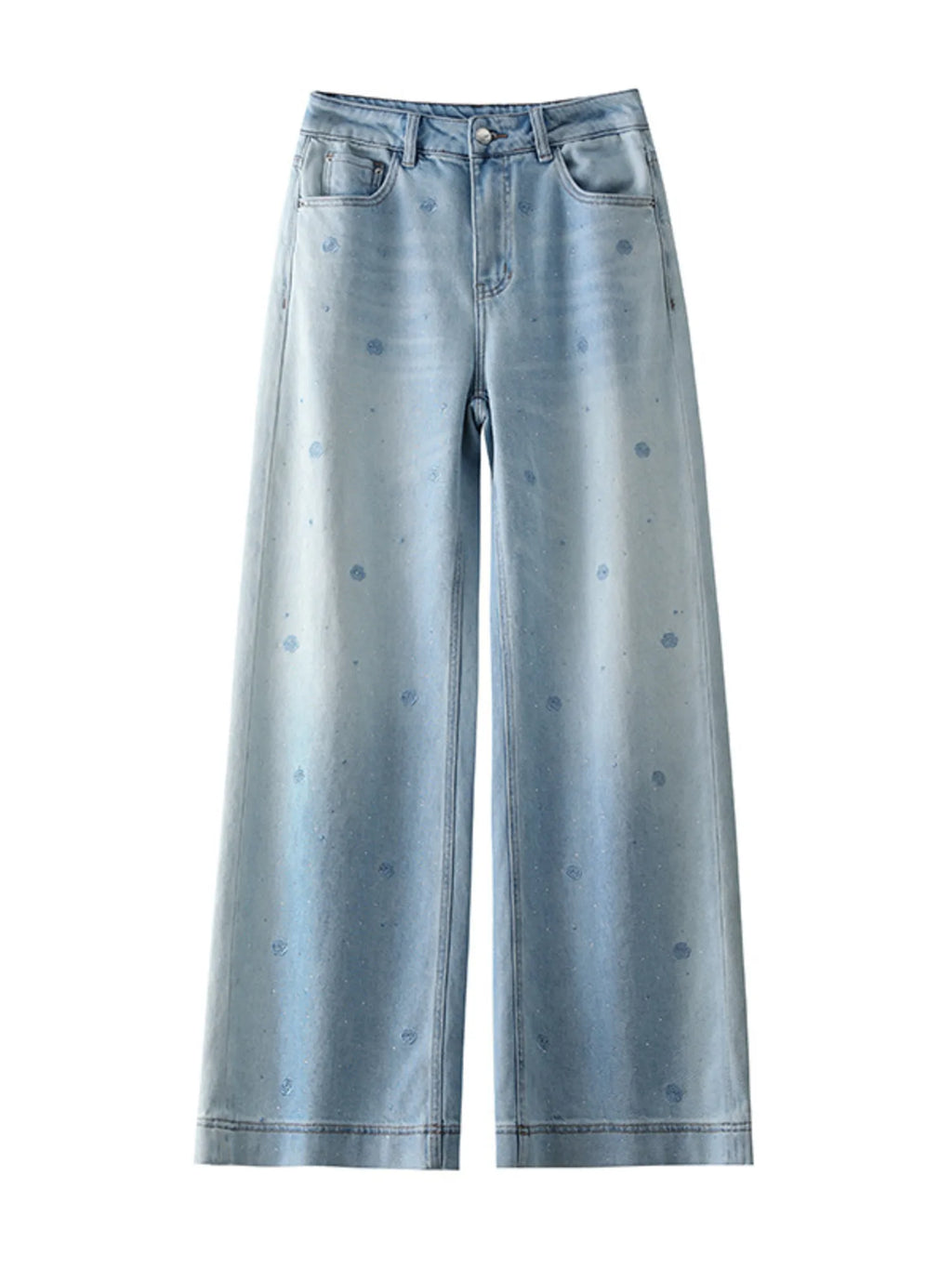 Floral Embroidered Wide Leg Jeans Women High Waist Rose Pattern Rhinestone Denim Pants Light Blue Loose Fit Cotton Stretch