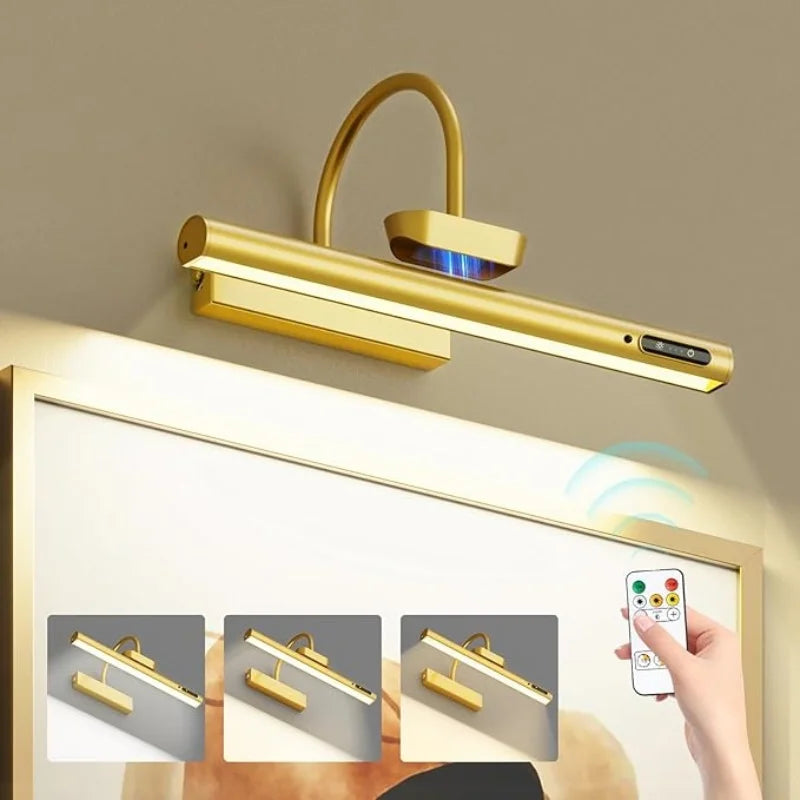Lampe murale rechargeable à LED 4000mAh, télécommande moderne, 3 couleurs, intensité réglable, dorée, pour miroir de salle de bain, en aluminium, pour éclairer des tableaux