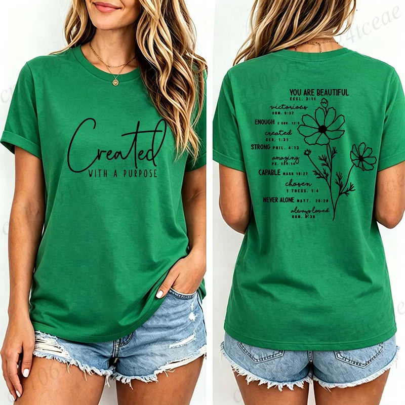 Fashion Women T Shirts Created with A Purpose Print Short Sleeve T-Shirt Faith Aesthetic Tee T-Shirts Inspirational Shirts Tops