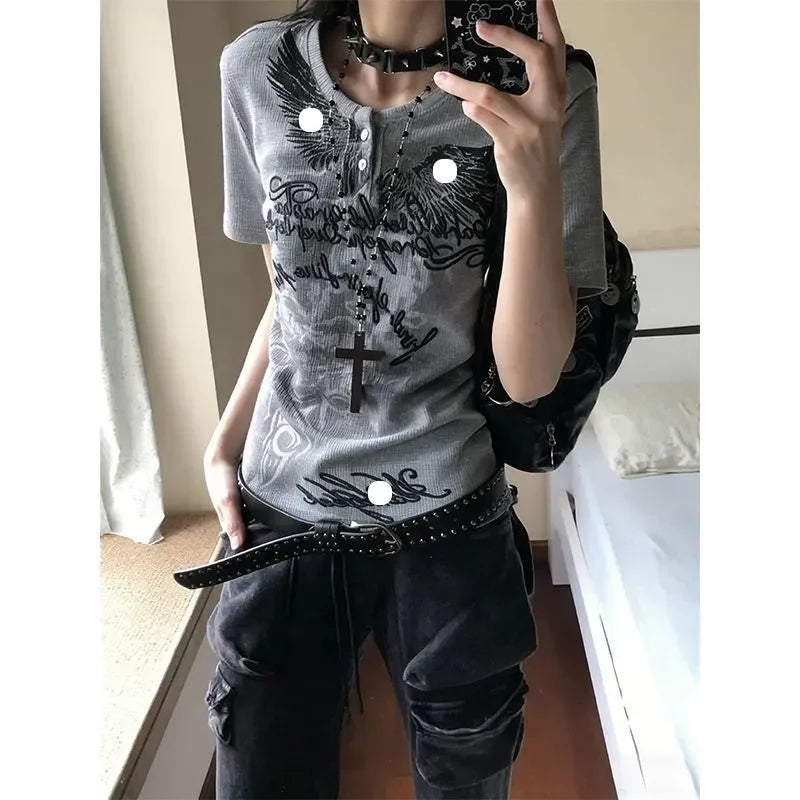 Y2K Japanese Streetwear Polo Shirt Women Slim Crop Tee 2025 White Short Sleeve Tops Letter Badge Houndstooth Vintage Harajuku