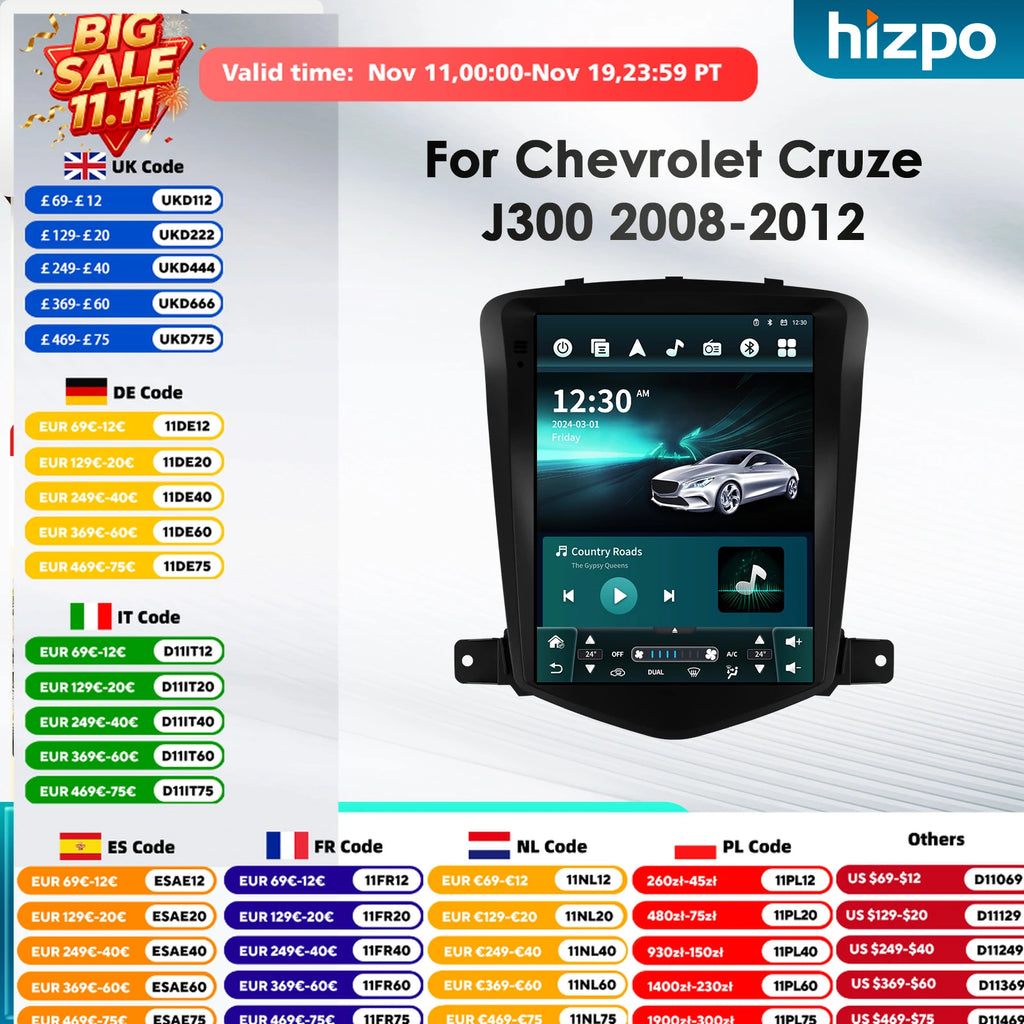 Autoradio multimédia pour voiture Hizpo 8 cœurs DSP pour Chevrolet Cruze J300 2008-2012 GPS Systèmes intelligents Carplay 4G RDS IA