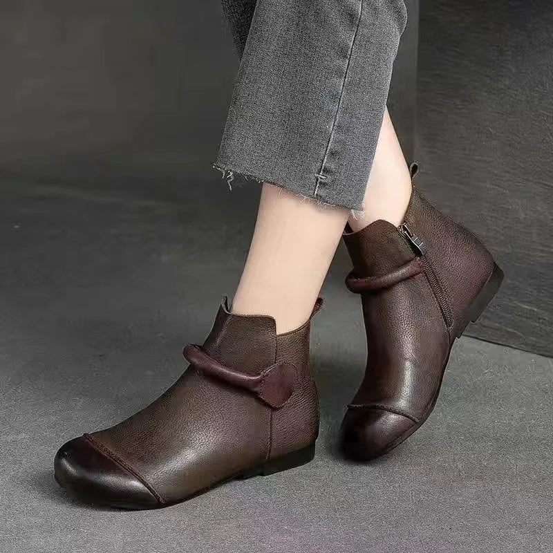 Retro Women Short Ankle Boots Autumn Winter Faux Cow Leather Slip-on Shoes Handmade Round Toe Light Weight Flat Booties