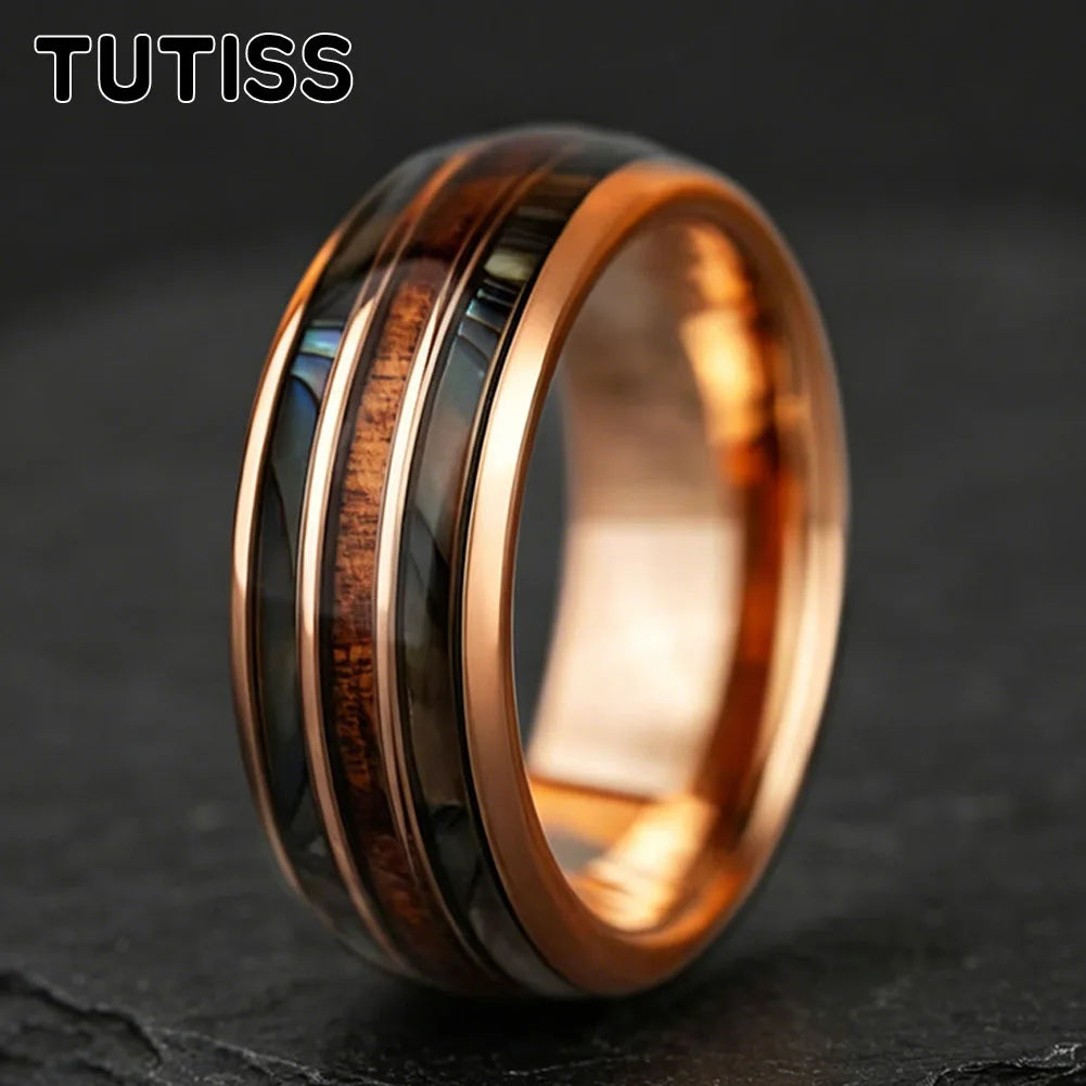 8mm Whiskey Barrel Abalone Shell Inlaid With Rose gold Tungsten Wedding Ring, Polished Edge, Couple Engagement Anniversary Gift
