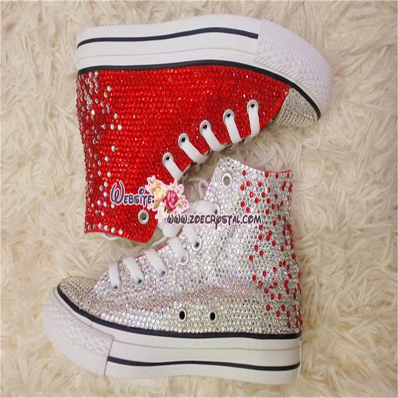 High top lace up red rhinestones creative canvas shoes for women banquet wedding all casual sports big size women's shoes 35-44