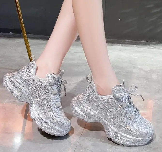 Luxury Women Bling Running Shoes Chunky Sneakers Fashion Casual Genuine Leather Breathable Height Increased Flat Platform Shoe