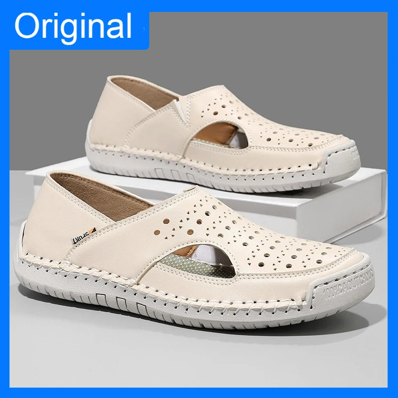Unisex Sandals Hand Sewn Leather Hollow Out Outdoor Casual Shoes Comfortable Soft Summer Fashion Street Walking Shoes Women