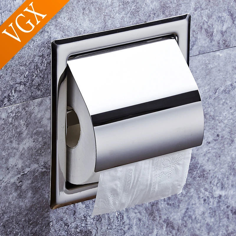 VGX Embedded Toilet Paper Holder Concealed Roll Tissue Box 304 Stainless Steel Wall Mount Bathroom Accessories Matt Black Polish