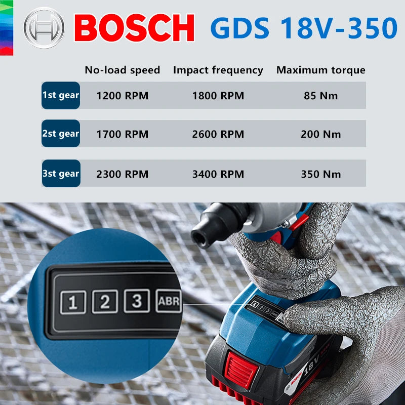 Bosch GDS 18V-350 Cordless Impact Wrench 350Nm 1/2" Brushless 3-torque Settings LED Light Adjustment 1200rpm Driver Bare Tool