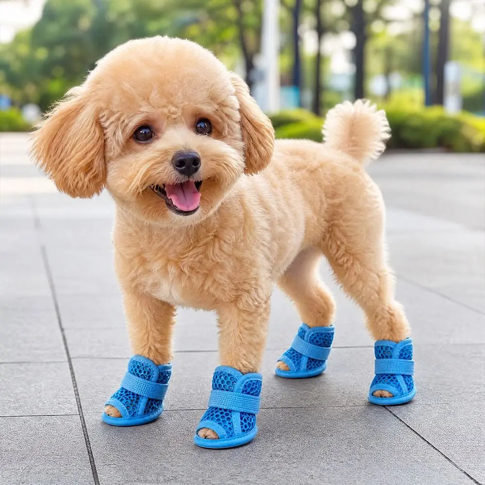 4Pcs Portable Mesh Dog Shoes Soft-sole Non-slip Cooling Dog Boots Wear-resistant Breathable Dog Foot Cover Summer