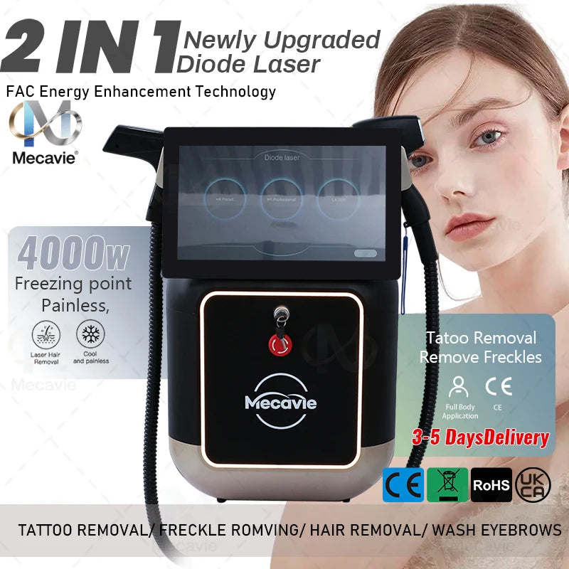 2026 Newest 2-in-1 Soprano 4000W 808nm Diode Laser Hair Removal Device 4-Wave Painless Permanent + Pico Tattoo Removal