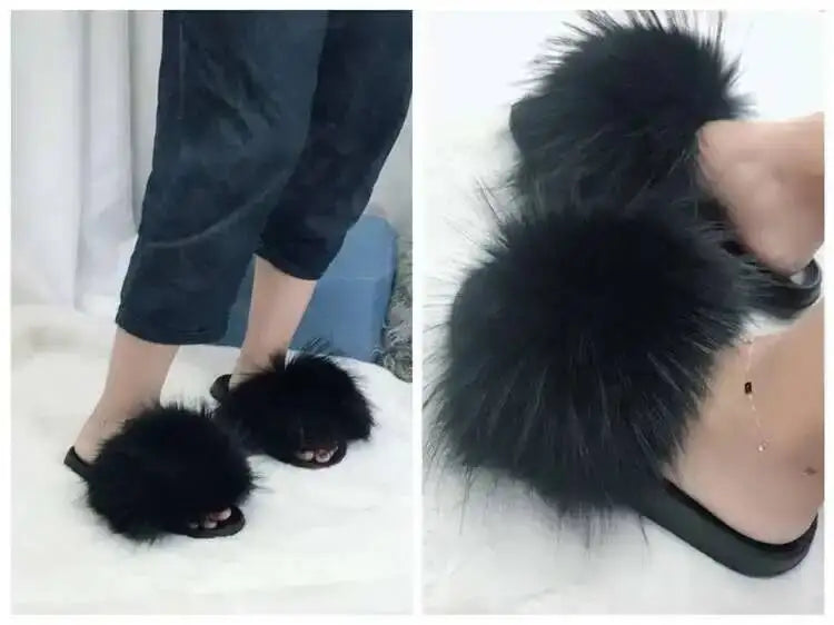 Real Raccoon Fur Slippers For Women 2023 Summer Fluffy Indoor House Fuzzy Flat Slides Outdoor Fashion Beach Sandals Flip Flops