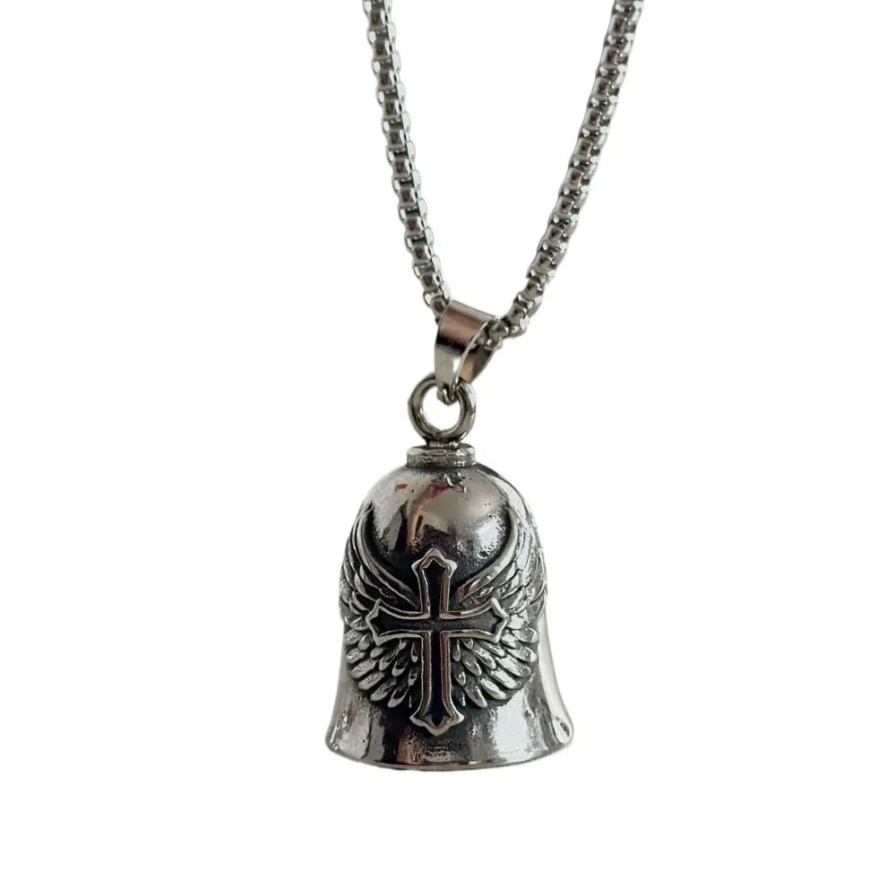 Vintage 3D Design Motorcycle Guardian Bell Retro Punk Style Angel Pendant Bell Alloy Wing Design Evil Spirit Trap Bell Men