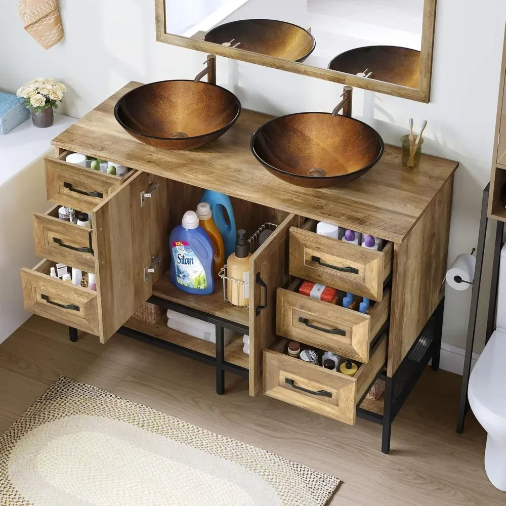 For 48" Double Bathroom Vanity, with Double Sink and Drawers Side Cabinet Combo Set & Shelf,Boat Tempered Glass Vessel Sink