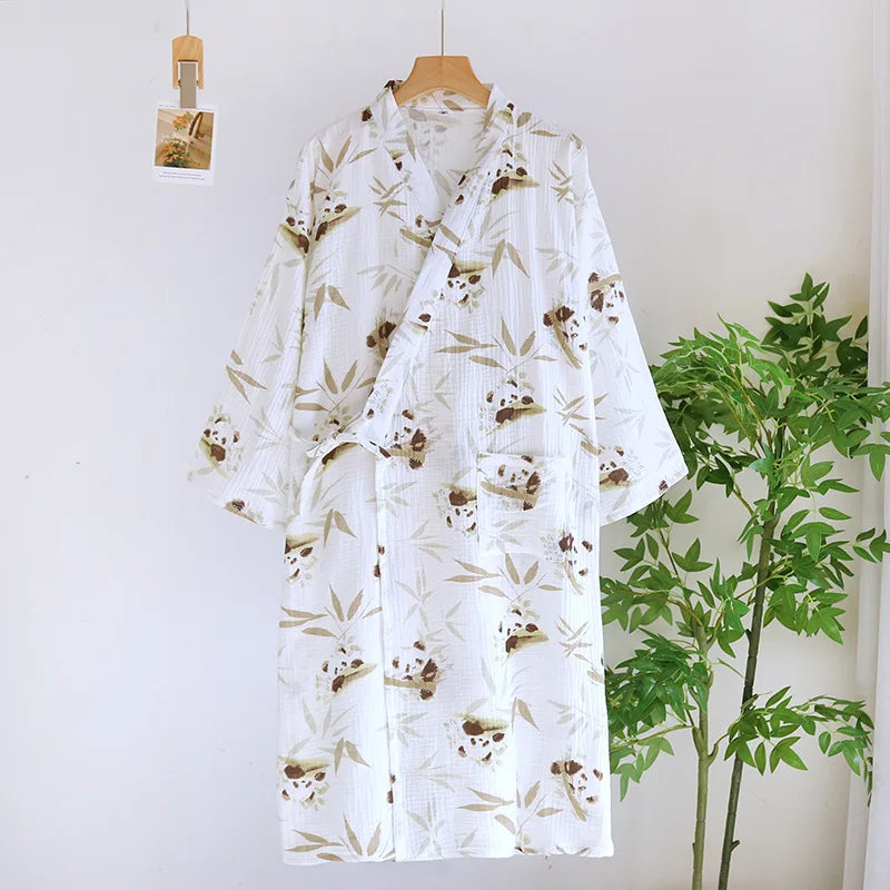 Cotton Fabric Bamboo Printed Sleepwear Bathrobes for Women Spring and Summer Double-layer Thin Home Clothing Pyjamas Robes