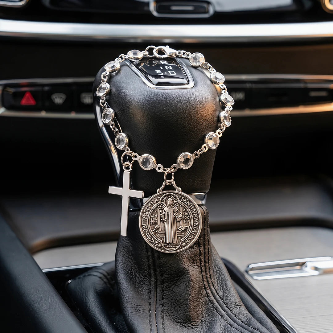 Catholic Protection Rosary Car Accessory St. Benedict Medal & Cross Pendant For Auto Interior Decor Religious Protection Pendant
