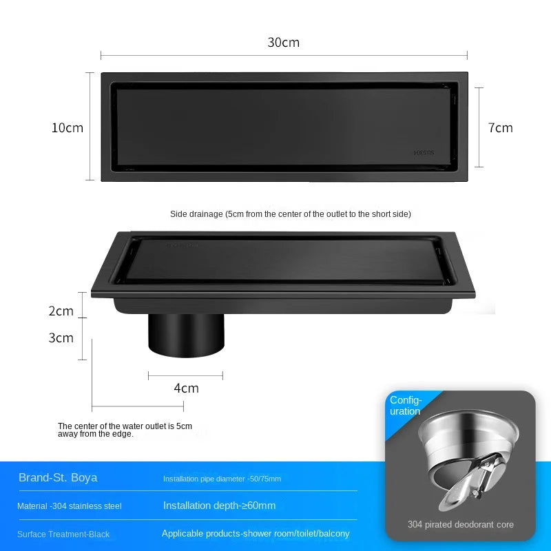 Caniveau de douche invisible en acier inoxydable 304 doré brossé noir pour lavabo de salle de bain, long drain linéaire de sol, évacuation latérale