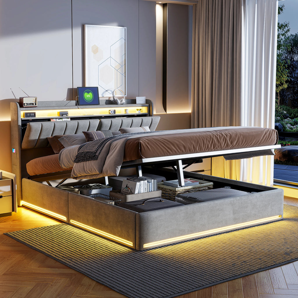Anajqaqia 140×200 cm LED Upholstered Bed, Hydraulic Double Bed with Storage Headboard and Slatted Frame, USB charging, Velvet