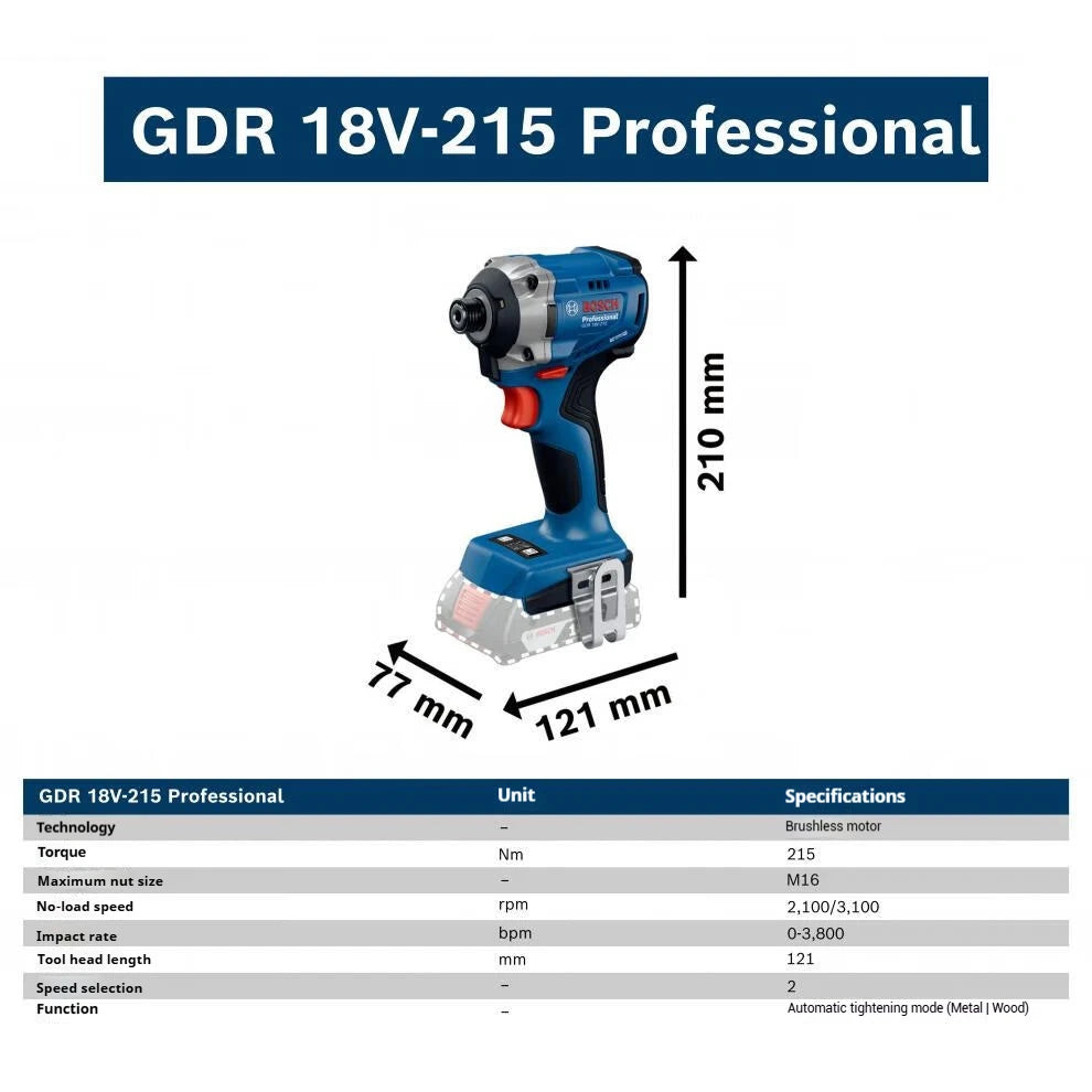 Visseuse à chocs sans fil Bosch GDR 18V-215, moteur sans balais, robuste, couple élevé, tournevis électrique professionnel