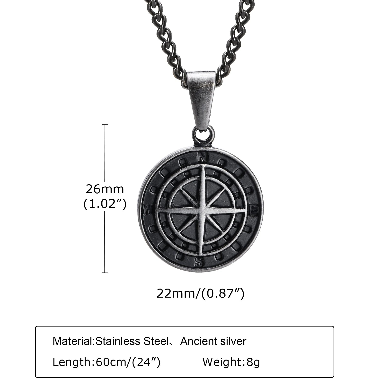 Vintage Compass Pendant Necklaces for Men Boys, Stainless Steel Coin Necklace, Rock Hiphop Collar Graduation Guide Gift
