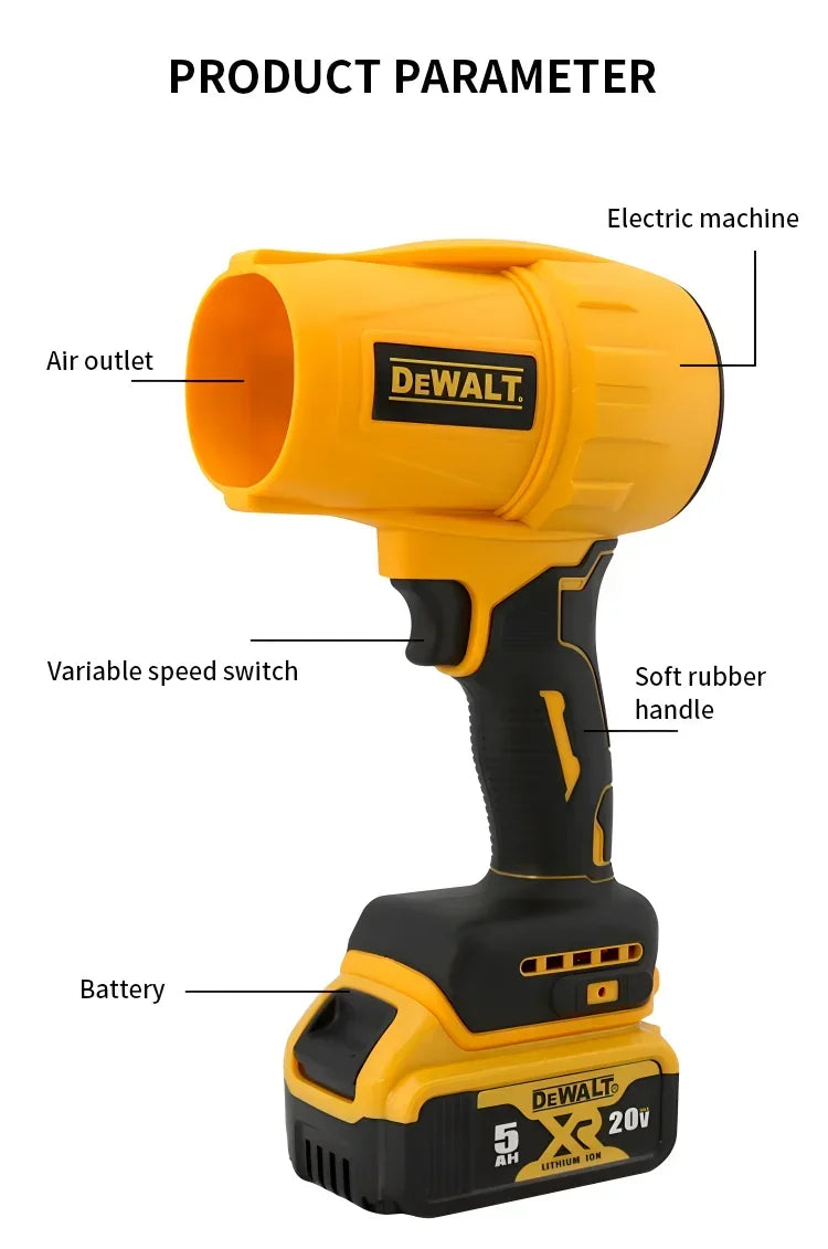 DEWALT Cordless Air Blower Brushless Turbo Fan Violent Fan 800G Thrust Handheld Dust Blowing Tool Rechargeable 20V Battery