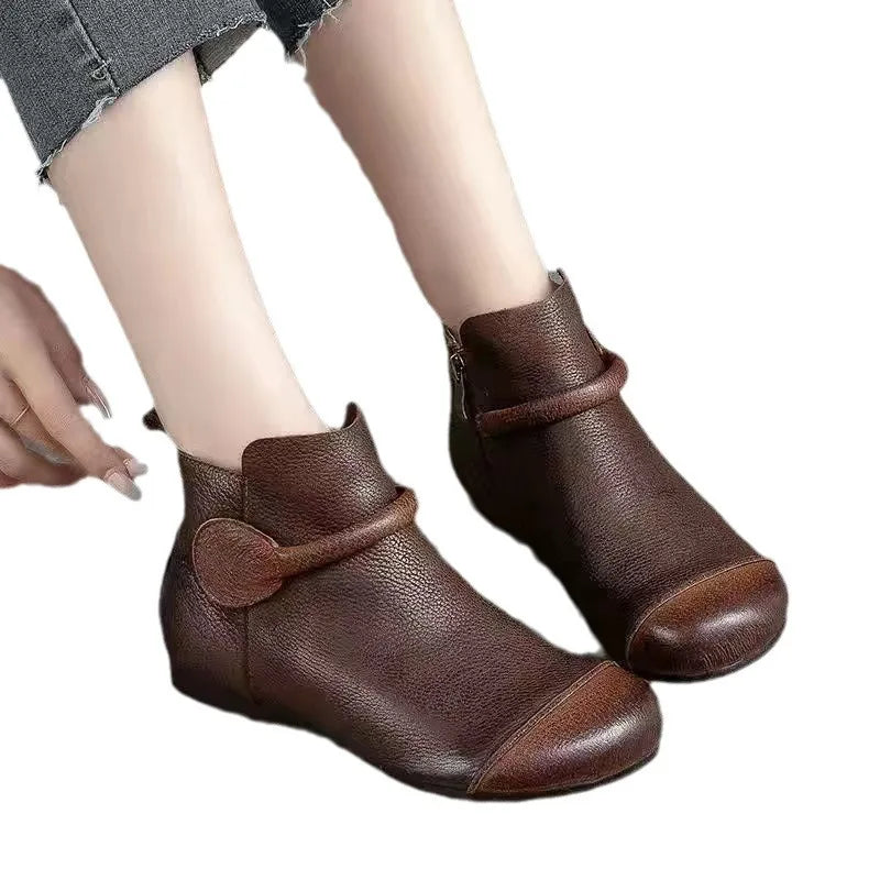 Retro Women Short Ankle Boots Autumn Winter Faux Cow Leather Slip-on Shoes Handmade Round Toe Light Weight Flat Booties