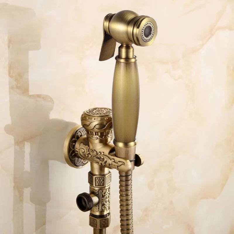 Hand Held Bidet Sprayer Douche Toilet Kit Antique Brass Shattaf Shower Head Gold Copper Valve Set Jet Toilet Bidet Faucet Set