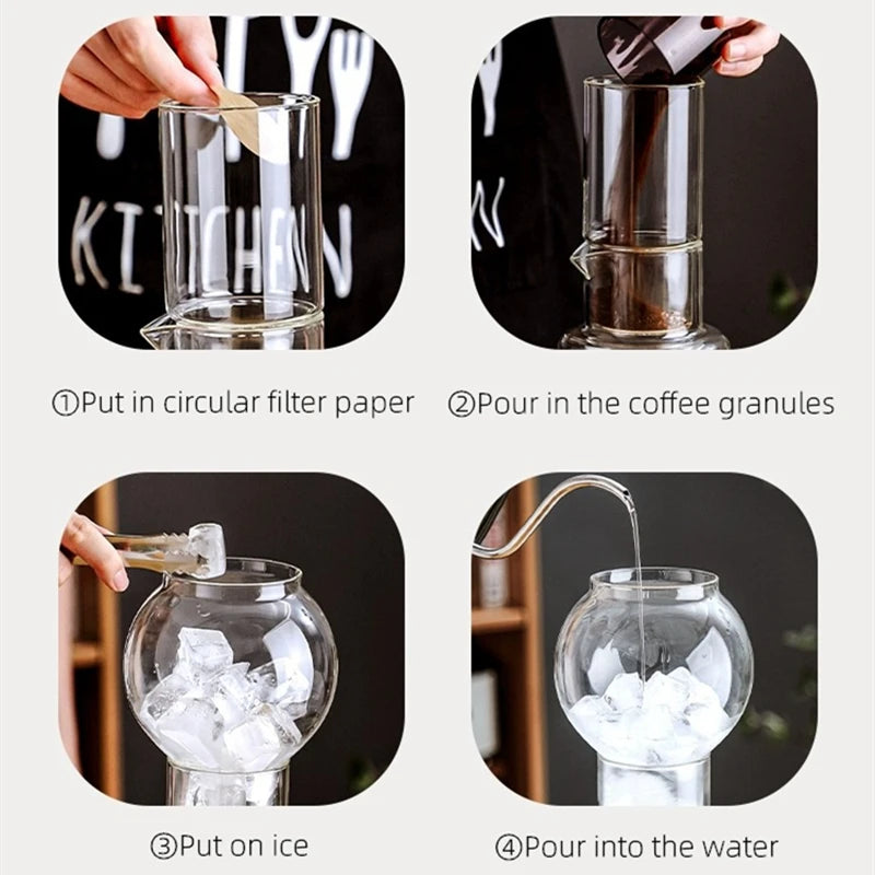 Cold Brew Coffee Maker Pot Set Glass Drip Filter Ice Drop Coffee Maker Specialized Barista Accessories with 100pcs Filter Paper