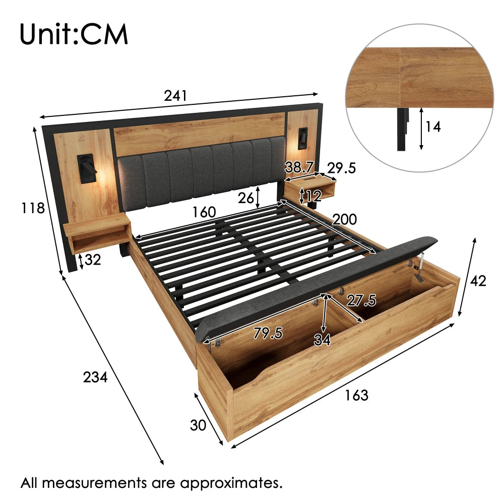 Bed with Upholstered Bed System with Reading Lamp and USB C Night Table and Seating Bench with Storage Space (without Mattress)