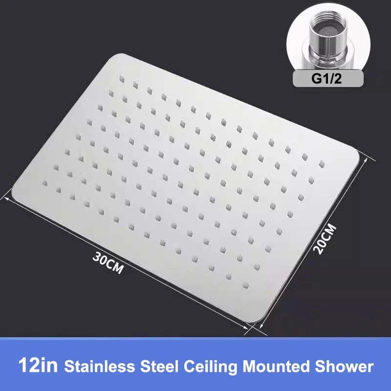 New 30cm Large Size High Pressure Overhead Rain Shower Head Large Flow Booster Rain Shower Head 360° Rotation Water Saving