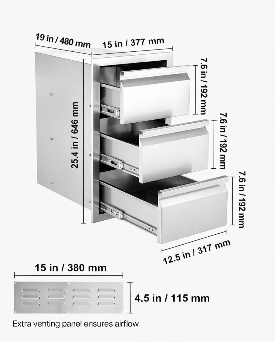 Outdoor Kitchen Stainless Steel Drawer with 3 Stainless Steel Storage Drawers 38X48X65 cm Chest of Drawers for Cooking