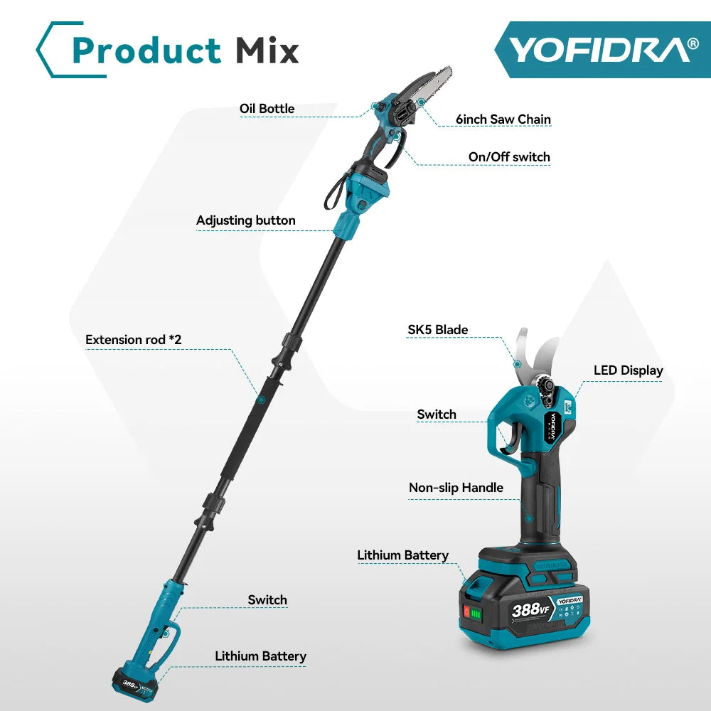 YOFIDRA Brushless Electric Chainsaw Telescoping Pole 3IN1 High Branch Saw Woodworking Pruning Power Tool For Makita Battery Pin