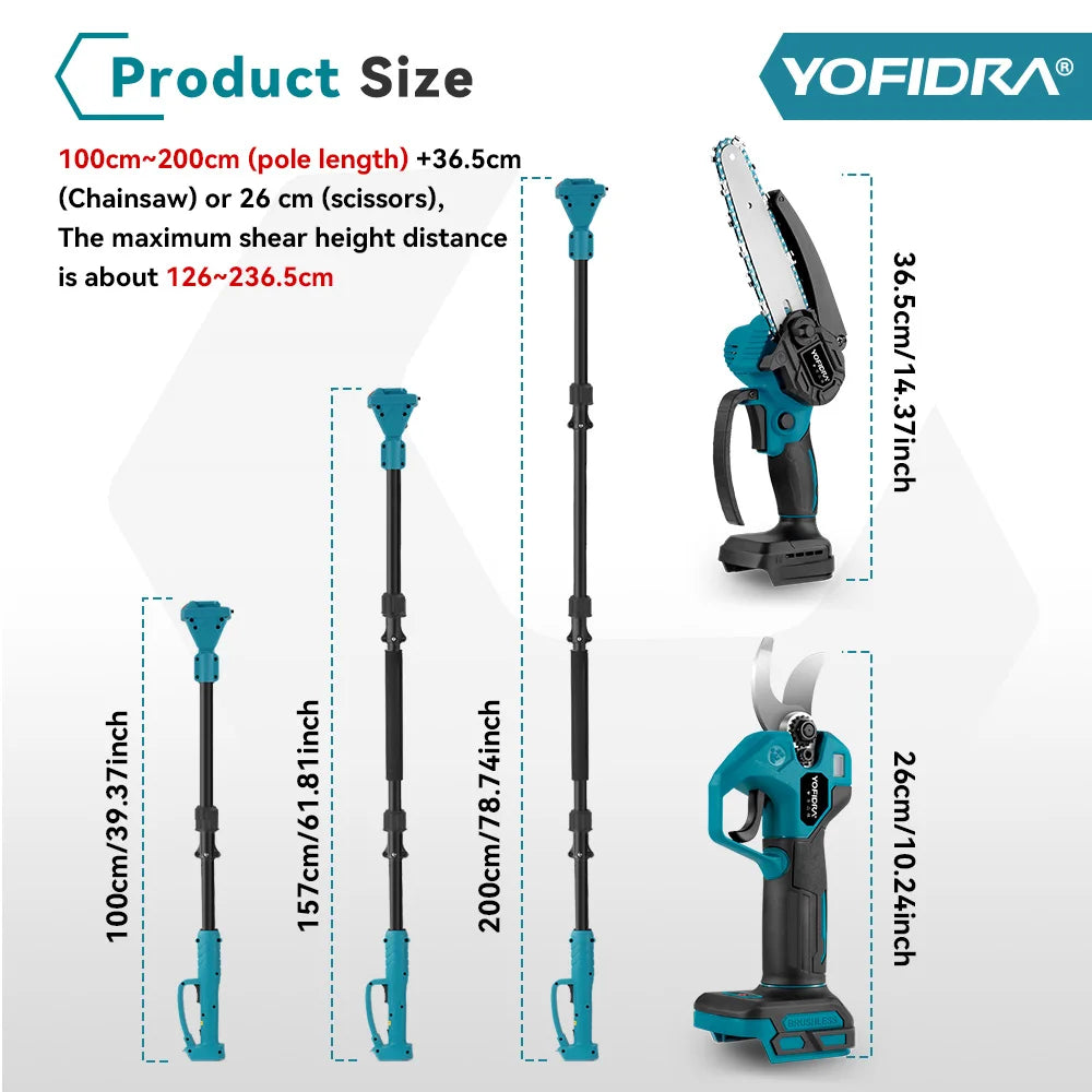 YOFIDRA Brushless Electric Chainsaw Telescoping Pole 3IN1 High Branch Saw Woodworking Pruning Power Tool For Makita Battery Pin