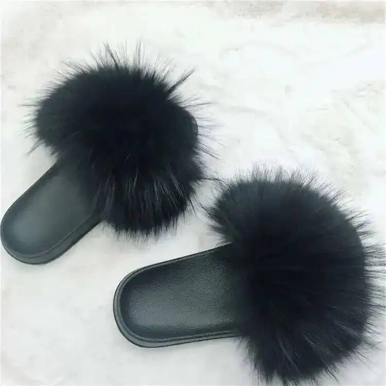 Real Raccoon Fur Slippers For Women 2023 Summer Fluffy Indoor House Fuzzy Flat Slides Outdoor Fashion Beach Sandals Flip Flops