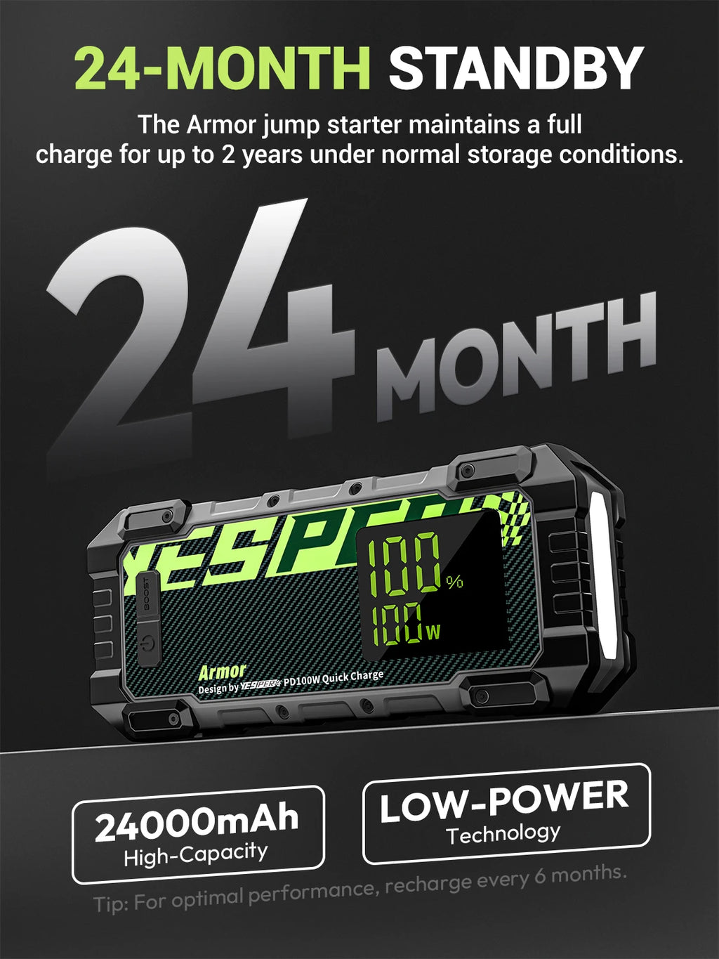 Démarreur de batterie de voiture YESPER 4000A – Démarreur 12V 24000mAh, batterie externe portable pour moteurs essence et diesel 10L, démarrage d'urgence automatique