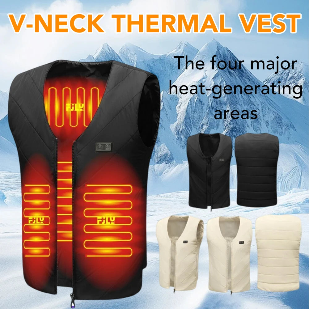 Gilet Chauffant Électrique Intelligent d'Hiver pour Femme, 4 Zones, Style Couple Col en V, Chargement USB, Gilet Chauffant, Veste Thermique Chaude d'Extérieur