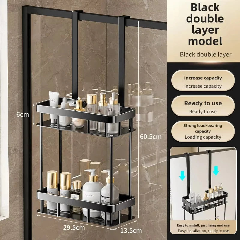 1Pc 2-Tier Hanging Shower Caddy Over Door Bathroom Organizer No Drill Rustproof Storage Shelf for Glass Door Toiletries Holder