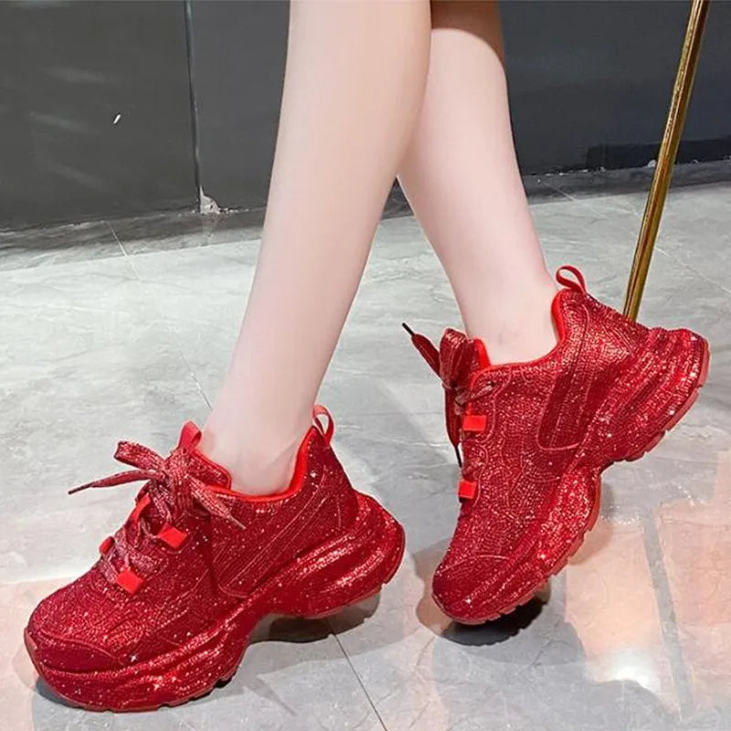 Luxury Women Bling Running Shoes Chunky Sneakers Fashion Casual Genuine Leather Breathable Height Increased Flat Platform Shoe