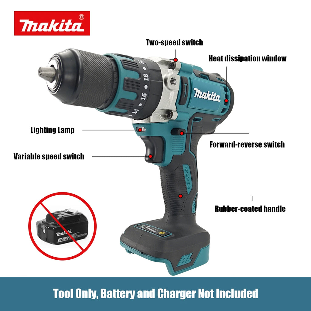 Makita 13mm Brushless Cordless Electric Drill And Screwdriver Kit Adjustable Speed Metal Chuck Power Tool No Battery Included